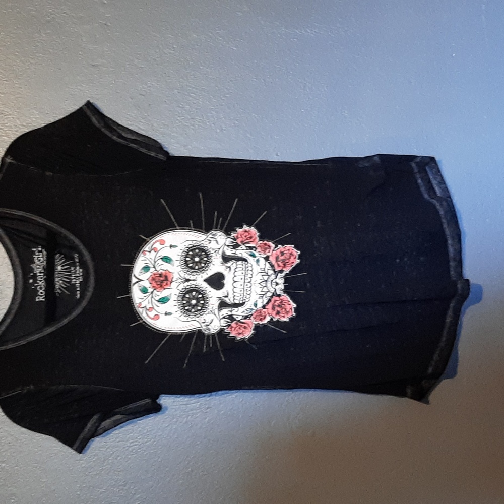 Rocker Girl Black Tee with Skull and Floral Design